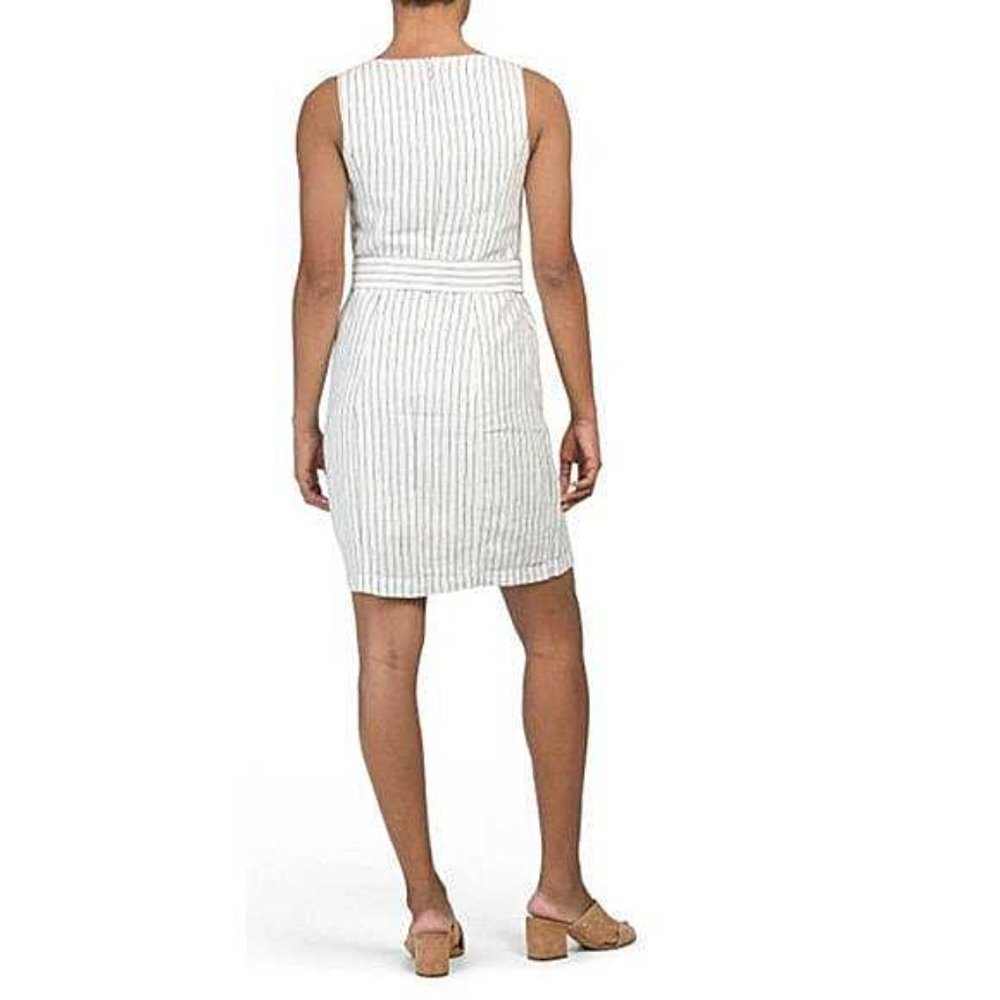 Rachel Zoe Size 4 White Striped Linen Blend Sleeveless Belted Dress - Picture 2 of 8
